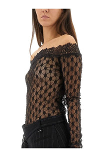 Isabel Marant women’s black off-the-shoulder lace marlene top with intricate pattern and long sleeves