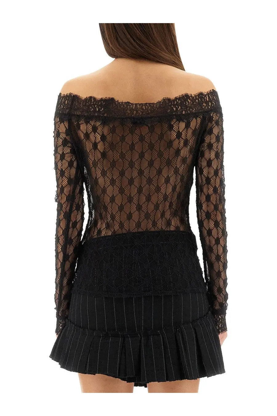Isabel Marant women’s black lace Marlene off-the-shoulder top with long sleeves and pleated skirt overlay