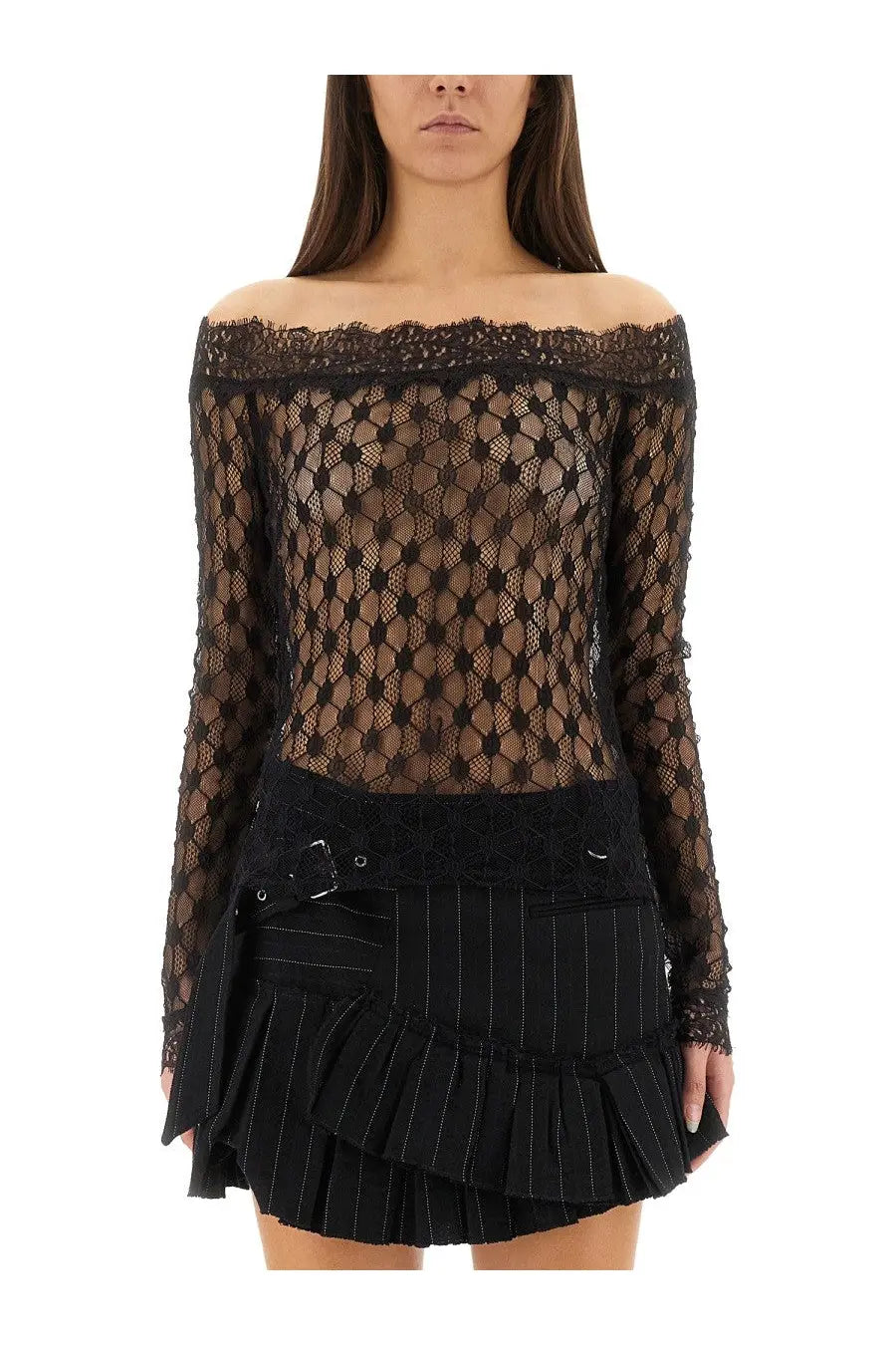 Isabel Marant women’s black off-the-shoulder lace top with long sleeves paired with matching pinstriped pleated skirt
