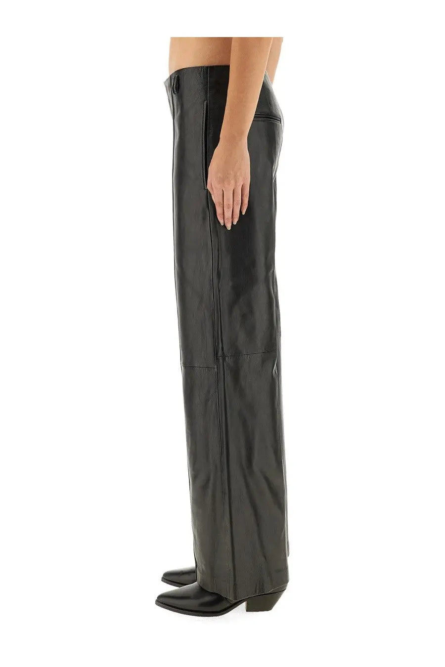 Isabel Marant women’s black leather ciarra pants with straight-leg cut and visible stitching details
