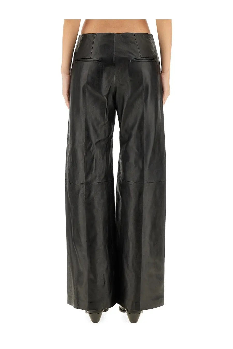 Isabel Marant women’s black leather wide-leg pants with high waist and front pockets