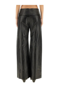 Isabel Marant women’s black leather wide-leg pants with high waist and front pockets