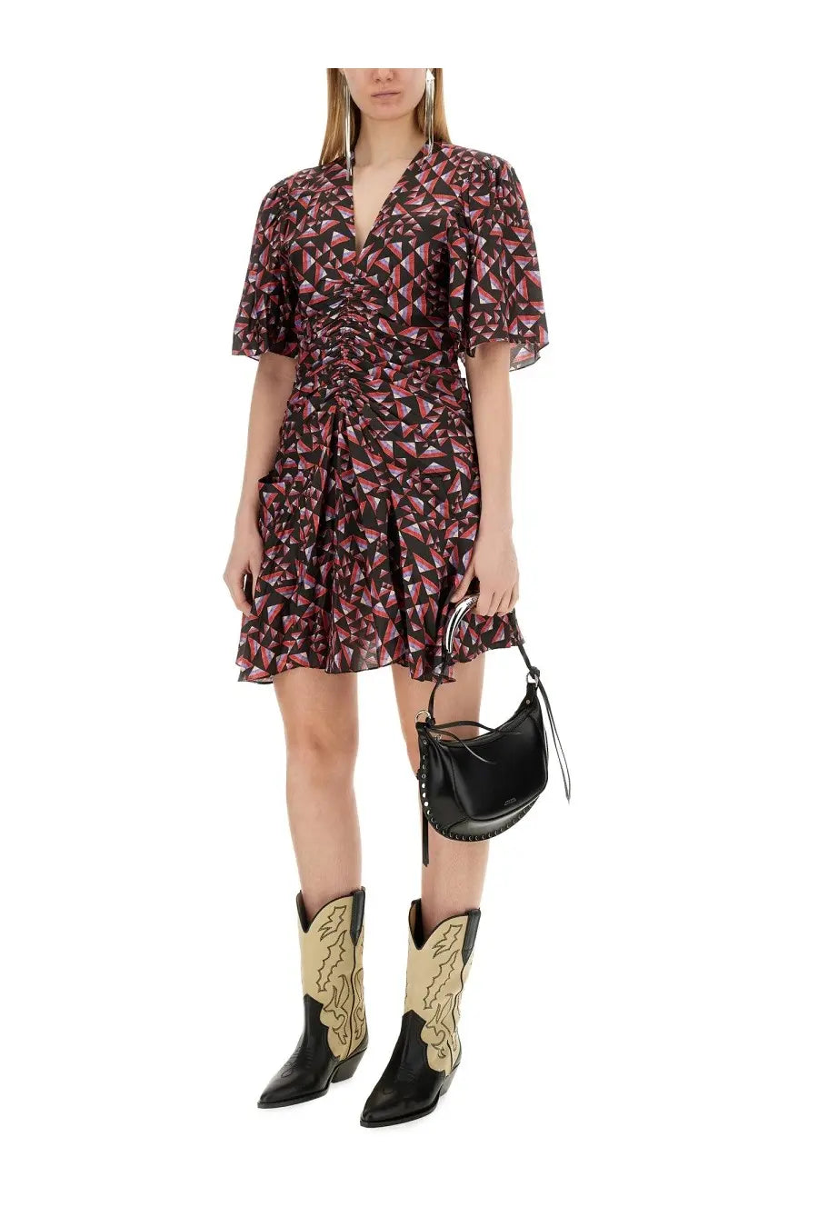 A black leather crescent-shaped handbag with silver hardware and a short strap featured with Isabel Marant women’s Lienne dress multicolor