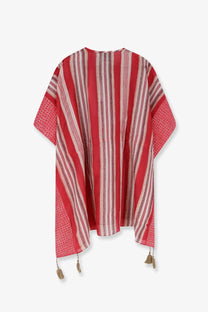 Red and white striped Isabel Marant women’s Loreliz cotton and silk beach robe dress with patterned sleeves and tassels