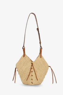 Beige woven raffia shoulder bag with brown leather straps and tassels from Isabel Marant womens losange collection