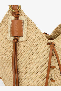 Beige woven straw isabel marant womens losange raffia shoulder bag with tan leather straps and branded leather tag