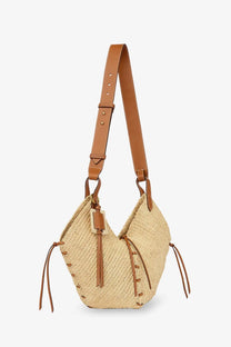 Isabel Marant women’s losange raffia shoulder bag white beige woven straw with tan leather straps and tassels