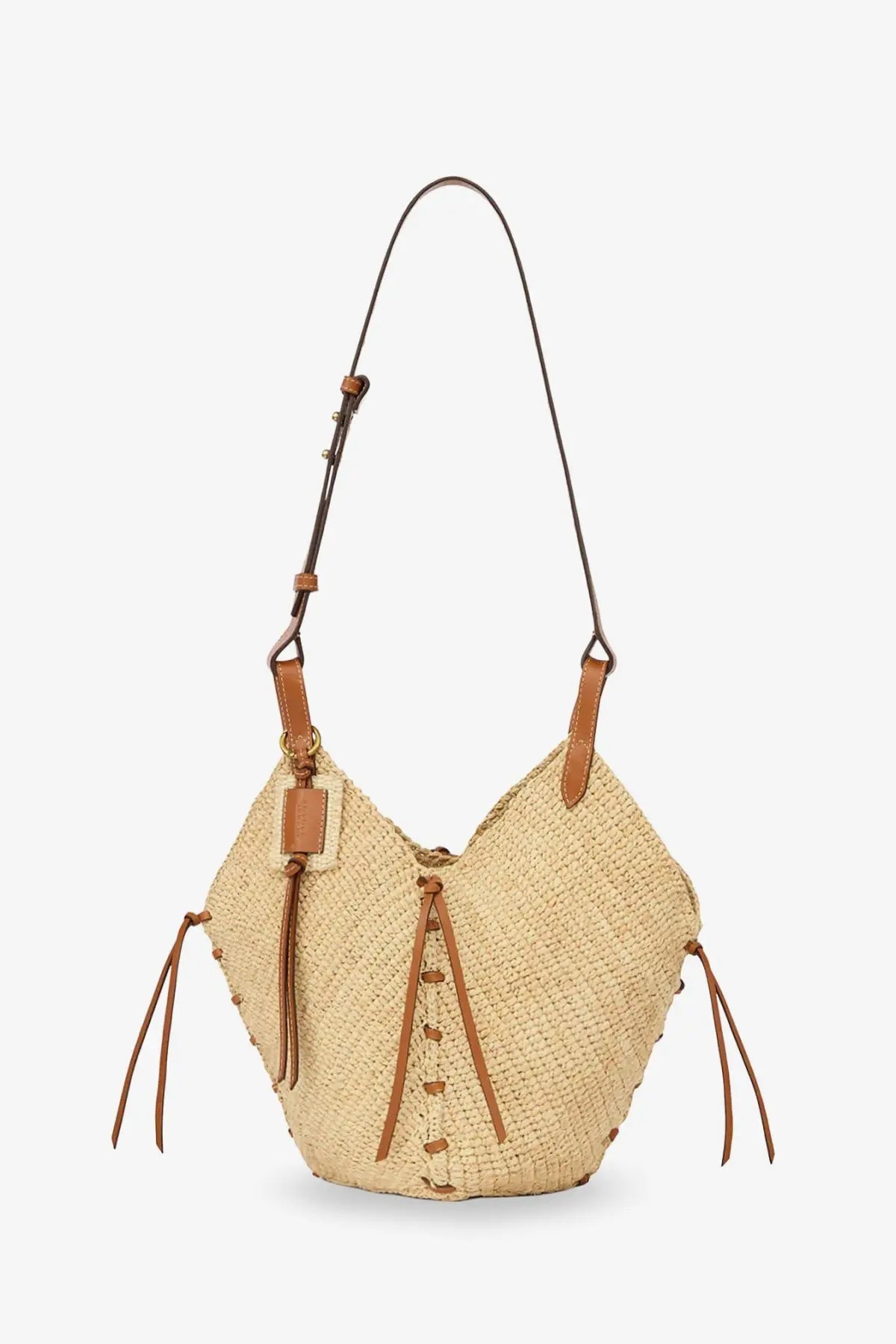 Beige woven raffia shoulder bag with tan leather straps and tassels from Isabel Marant womens losange collection