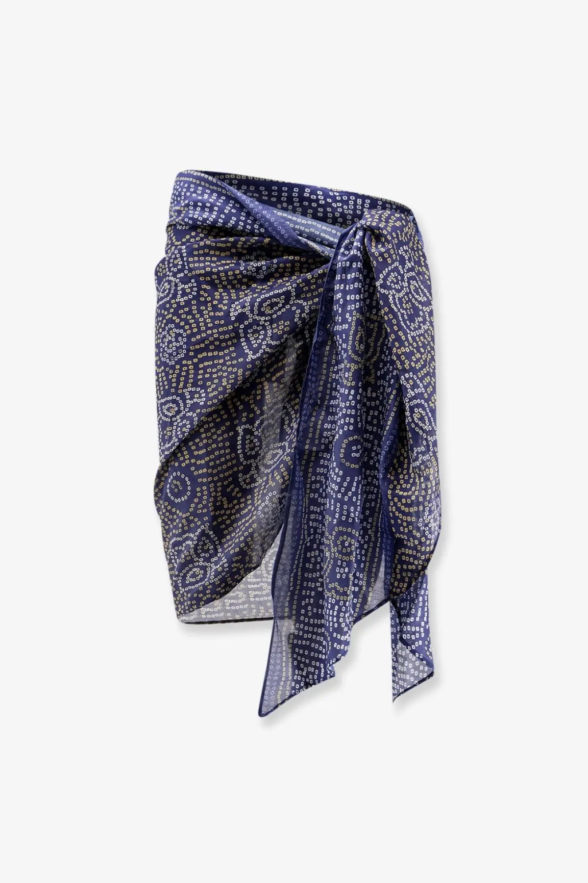 Isabel Marant women’s lucilia navy blue sheer cotton and silk blend wrap skirt with white geometric pattern tied at waist
