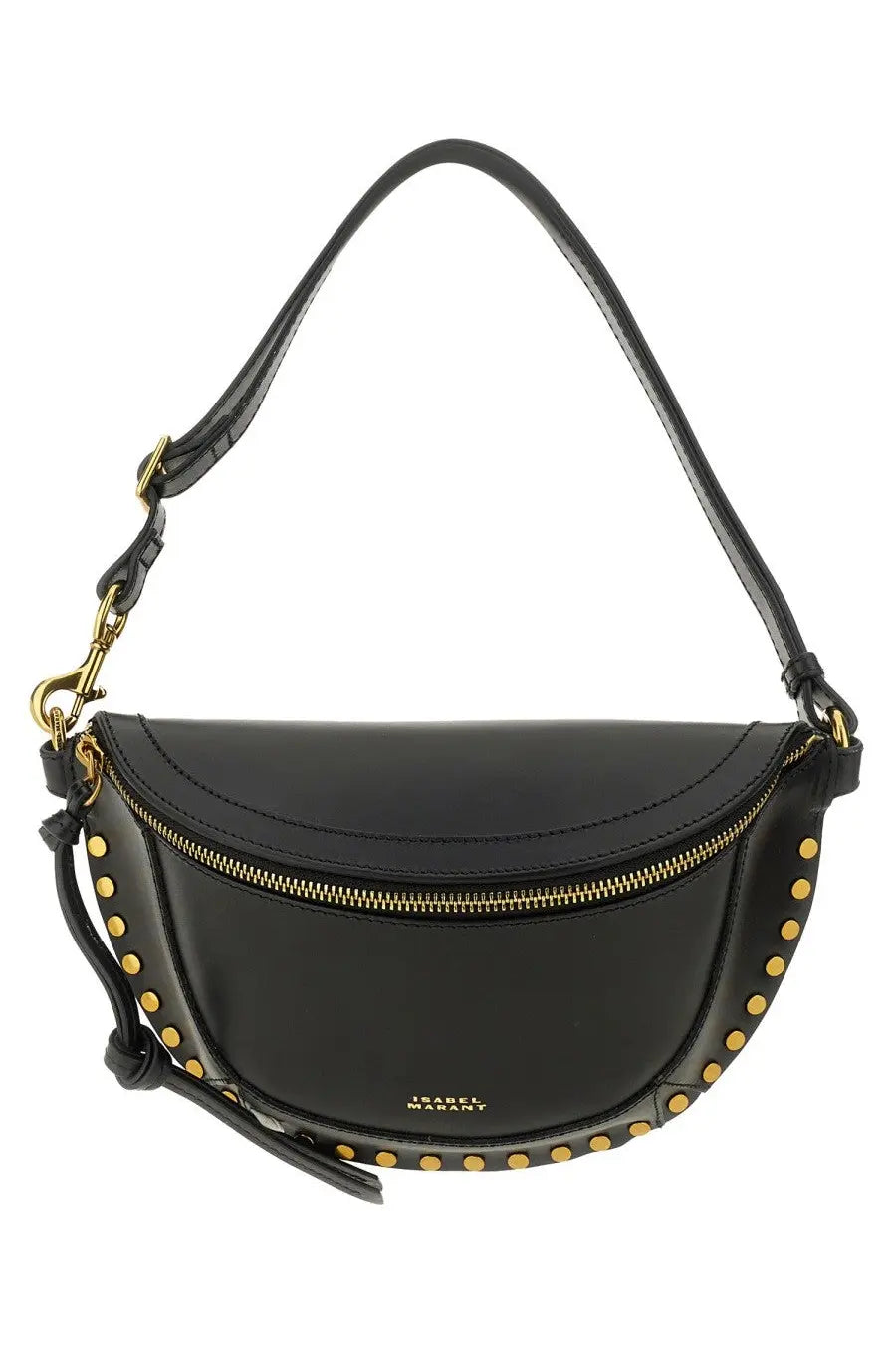 Isabel Marant women’s black leather crescent-shaped crossbody bag with gold-tone studs and zipper hardware