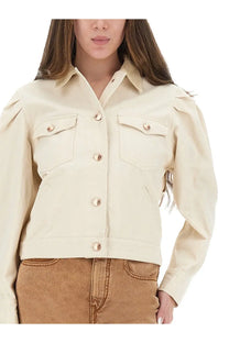 Isabel Marant women’s beige cream-colored denim jacket with puffed sleeves and rose-gold buttons