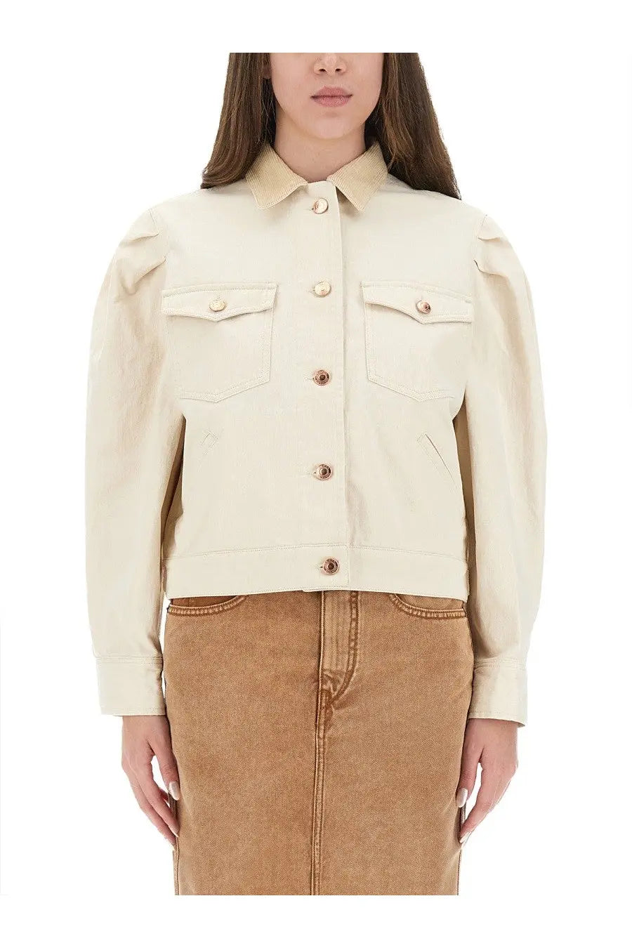 Isabel Marant women’s beige cream-colored denim jacket with puffed sleeves and copper-toned buttons