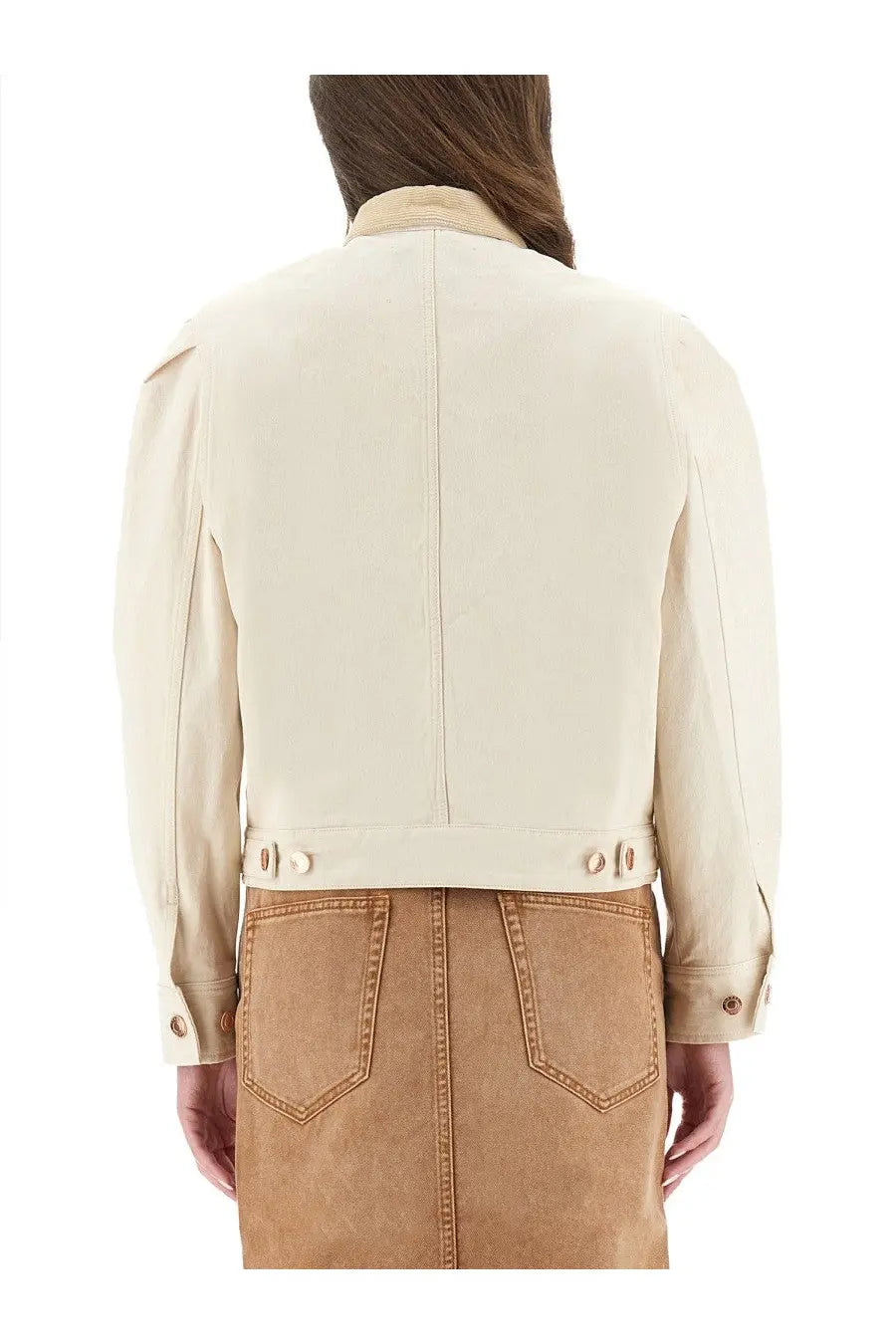 Isabel Marant women’s nolinea beige leather jacket back view with structured design buttoned cuffs and waistband
