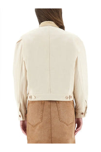 Isabel Marant women’s nolinea beige leather jacket back view with structured design buttoned cuffs and waistband