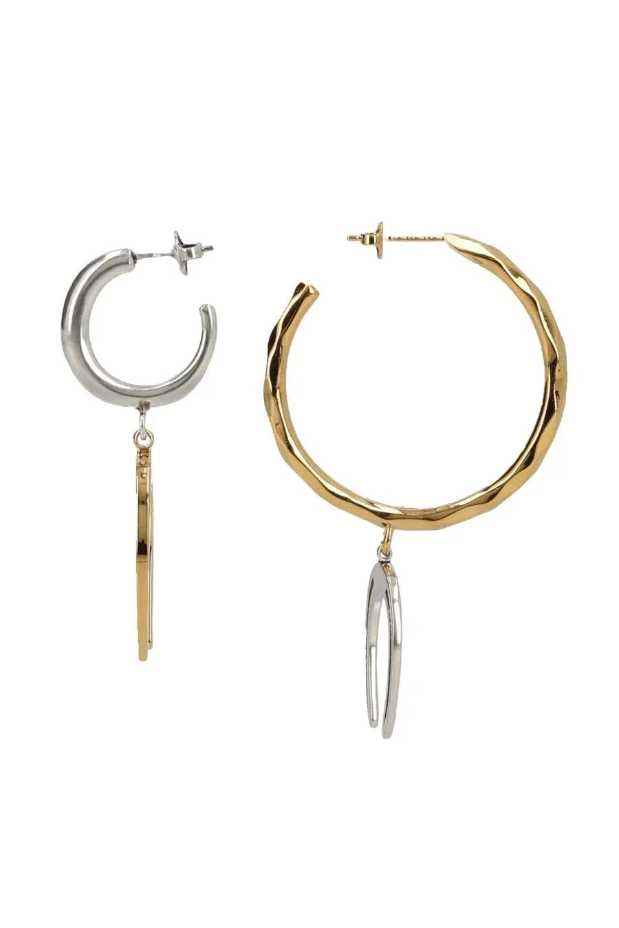 Isabel Marant women’s gold and silver two-tone hammered hoop earrings with dangling circular charms multicolor