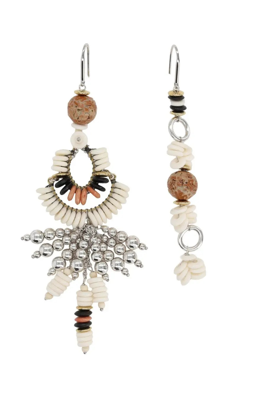 Isabel Marant women’s orecchini Lyna Asimmetrici multicolor bohemian earrings with white black terracotta beads and silver accents