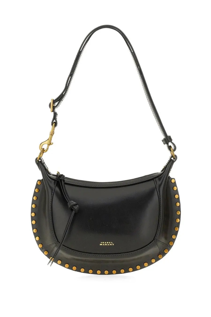 Isabel Marant women’s oskan moon black leather shoulder bag with gold-tone studs and branded logo front view