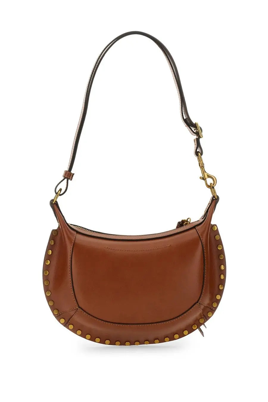 Isabel Marant women’s oskan moon brown leather crescent crossbody bag with gold-tone studs and adjustable strap