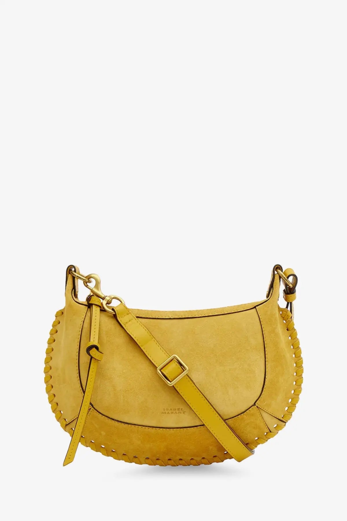 Isabel Marant women’s oskan moon suede crossbody bag in mustard yellow with braided leather trim and gold-tone hardware