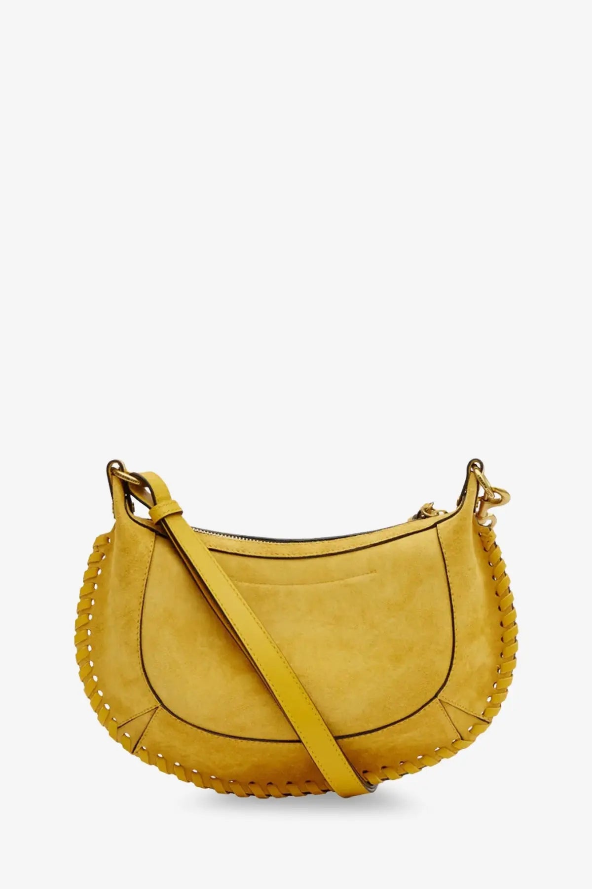 Isabel Marant women’s oskan moon crossbody bag in mustard yellow suede with braided leather trim and gold-tone hardware