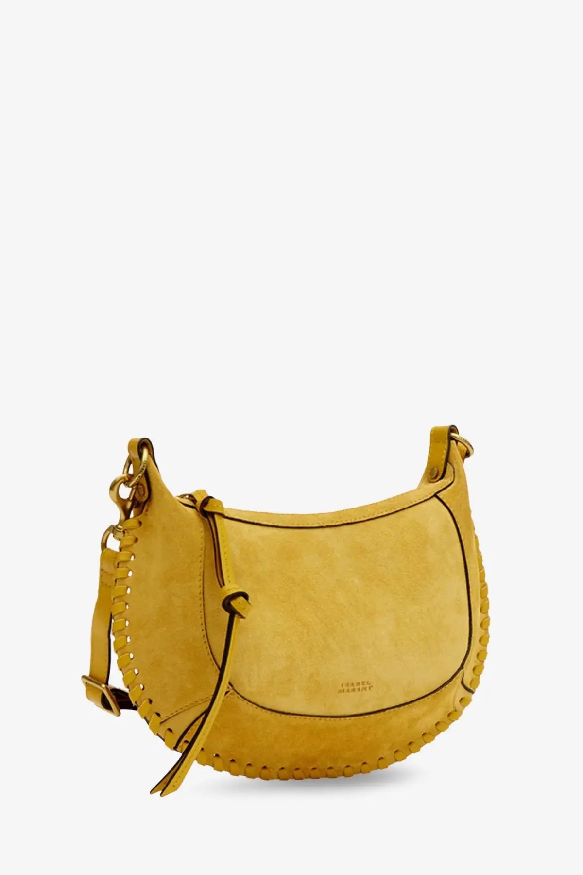 Isabel Marant women’s oskan moon mustard-yellow suede crescent crossbody bag with braided leather strap and stitching