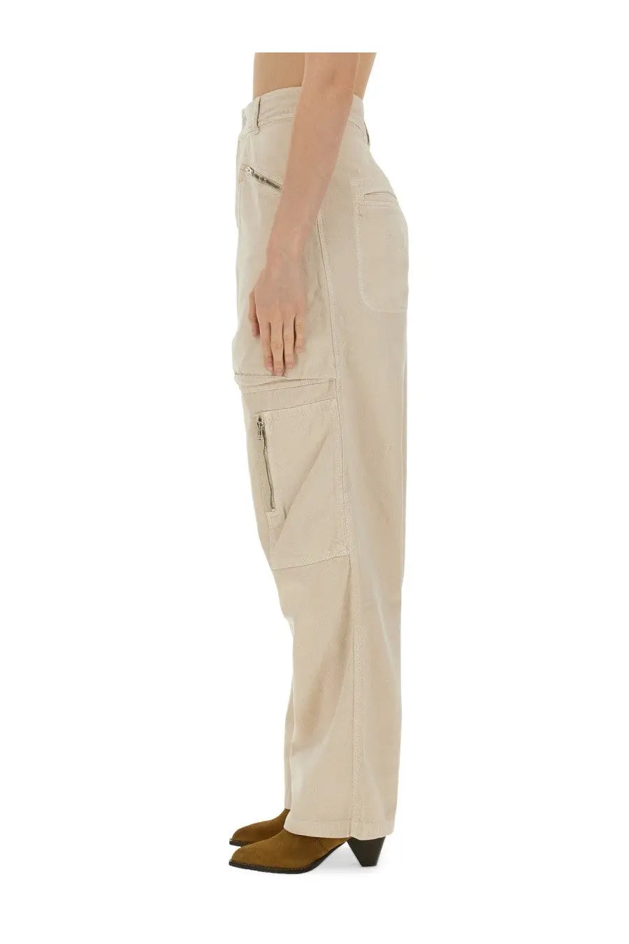 Isabel Marant women’s beige cargo pants with multiple pockets and zipper details for casual wear