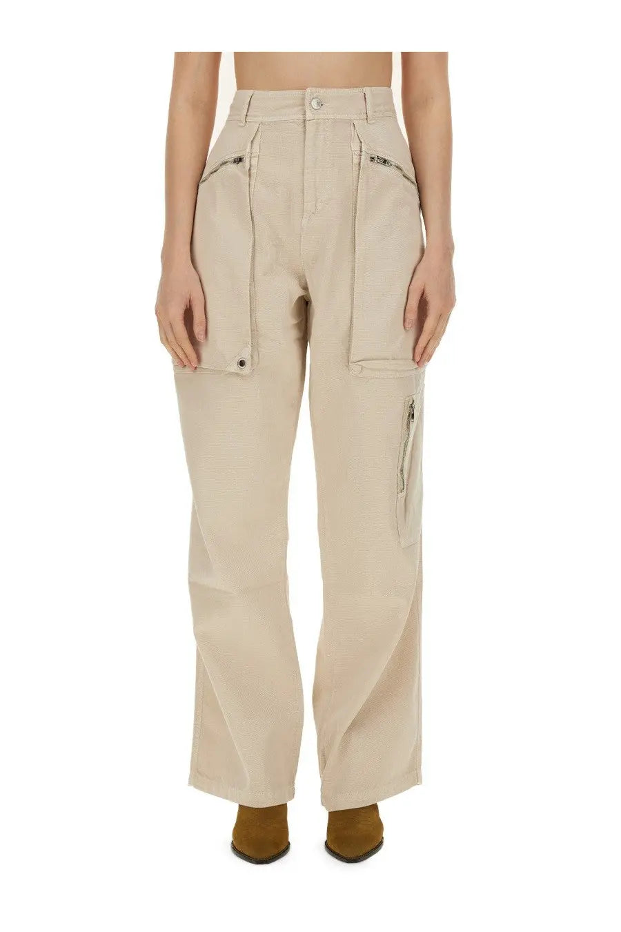 Isabel Marant women’s beige high waist cargo pants with multiple zippered pockets for stylish utility wear