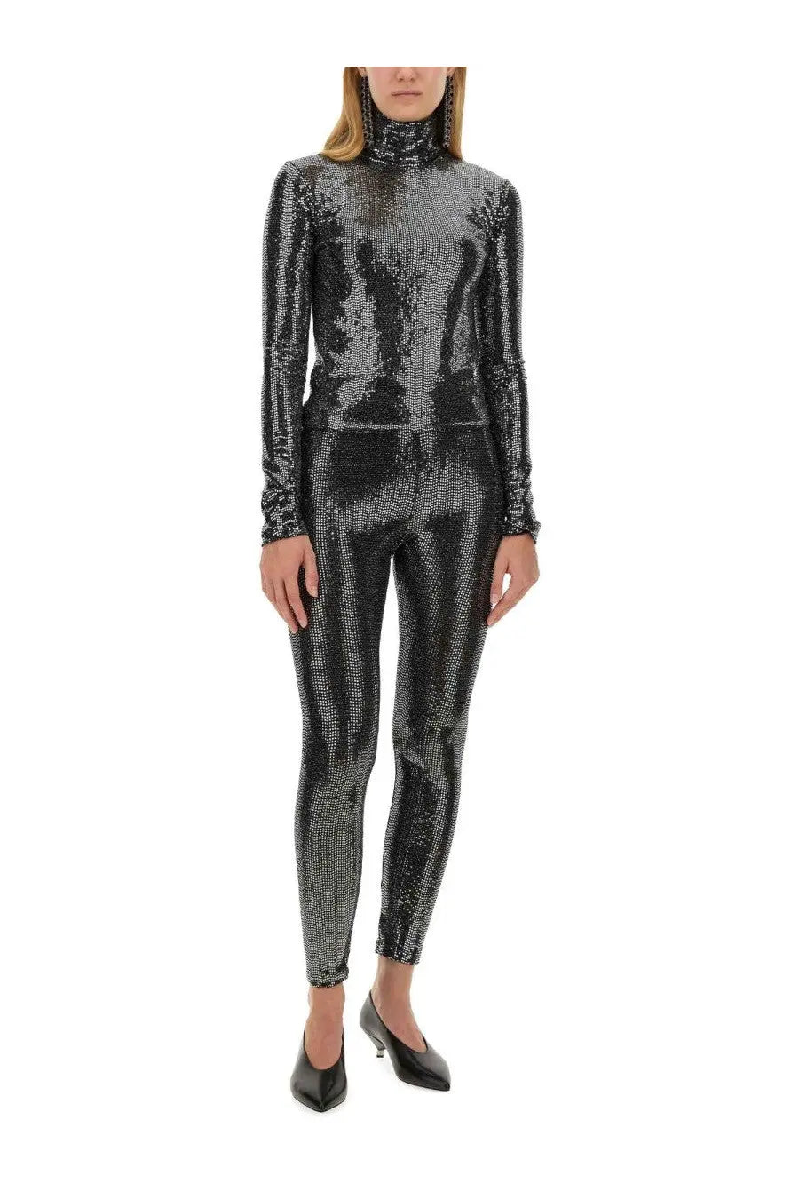 Isabel marant women’s pants joshua black shown as a shimmering black and silver sequined high neck jumpsuit with long sleeves