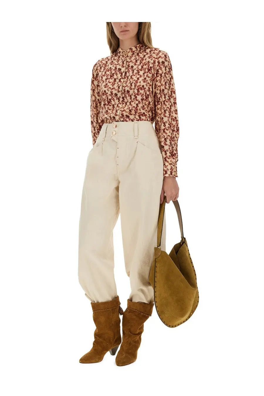 Tan suede shoulder bag with stitched edge and brown leather handle featured with isabel marant womens pants oumaya pink
