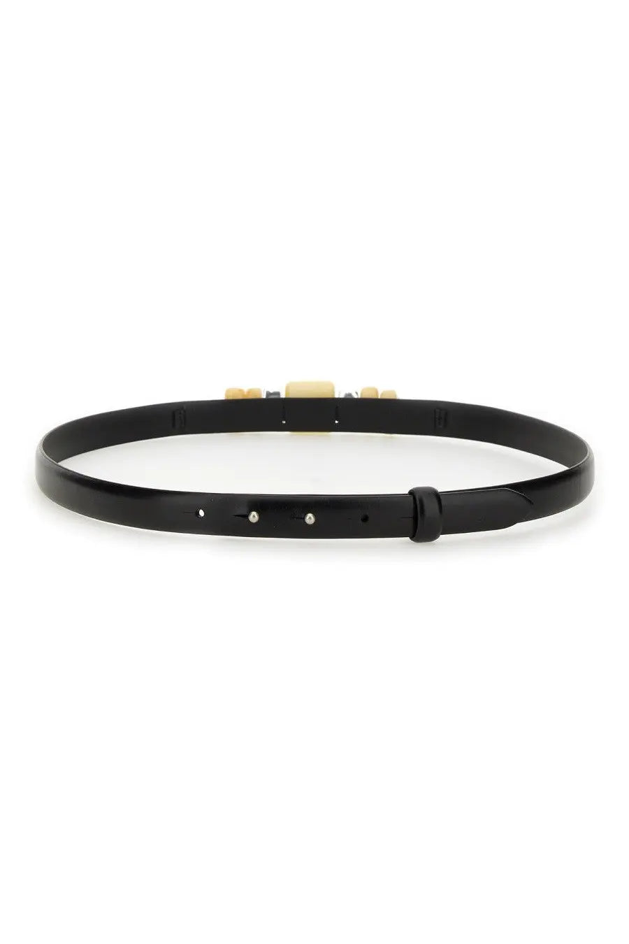 Isabel Marant women’s Raissa belt in black patent leather with sleek minimalist design and gold-tone hardware