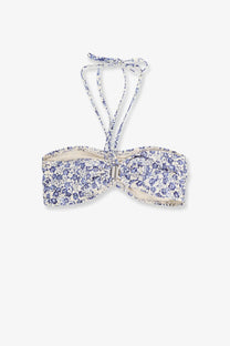 Isabel Marant women’s Salma bikini top in blue with delicate white floral print and adjustable tie straps