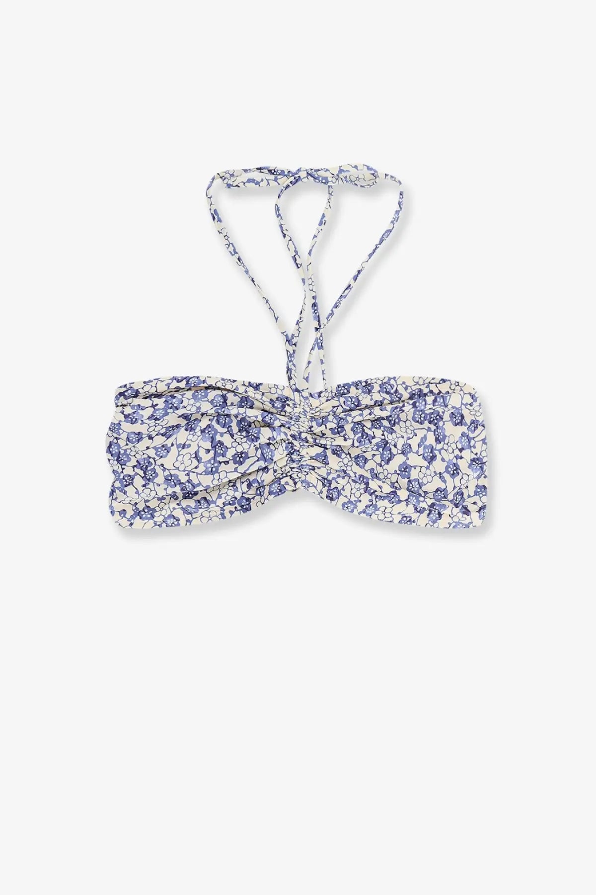 Isabel Marant women’s Salma bikini top blue featuring a delicate white and purple floral print bandeau with adjustable straps