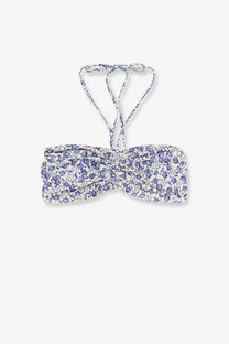 Isabel Marant women’s Salma bikini top blue featuring a delicate white and purple floral print bandeau with adjustable straps