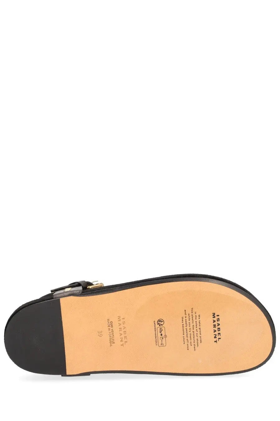 Isabel Marant women’s black leather sandal with gold-tone zipper and tan insole featuring brand name print