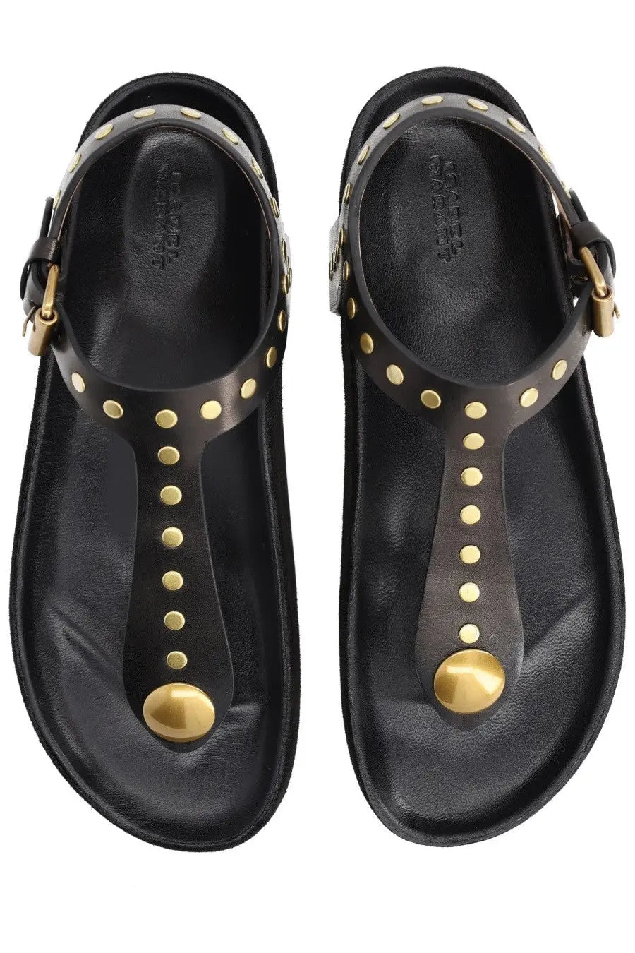 Isabel Marant women’s black leather sandal enore with gold-tone studs t-strap and adjustable ankle straps