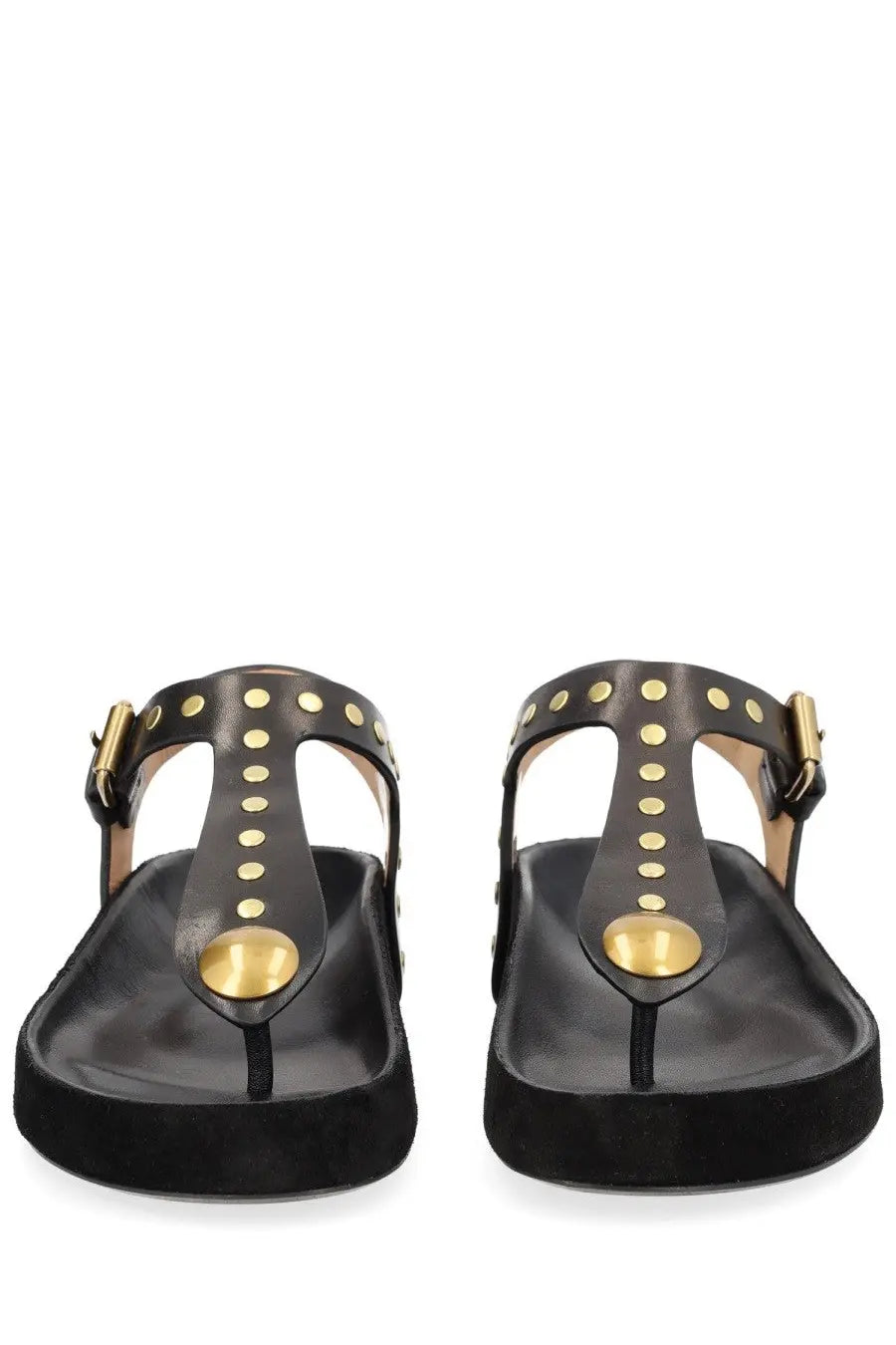Isabel Marant women’s black leather t-strap sandal enore with gold-tone studs and adjustable buckle closure