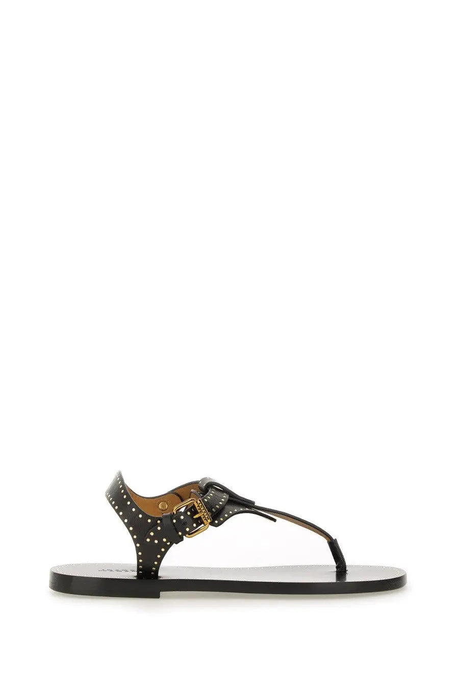Isabel Marant women’s black leather thong sandal with gold-tone buckle and white stud detailing