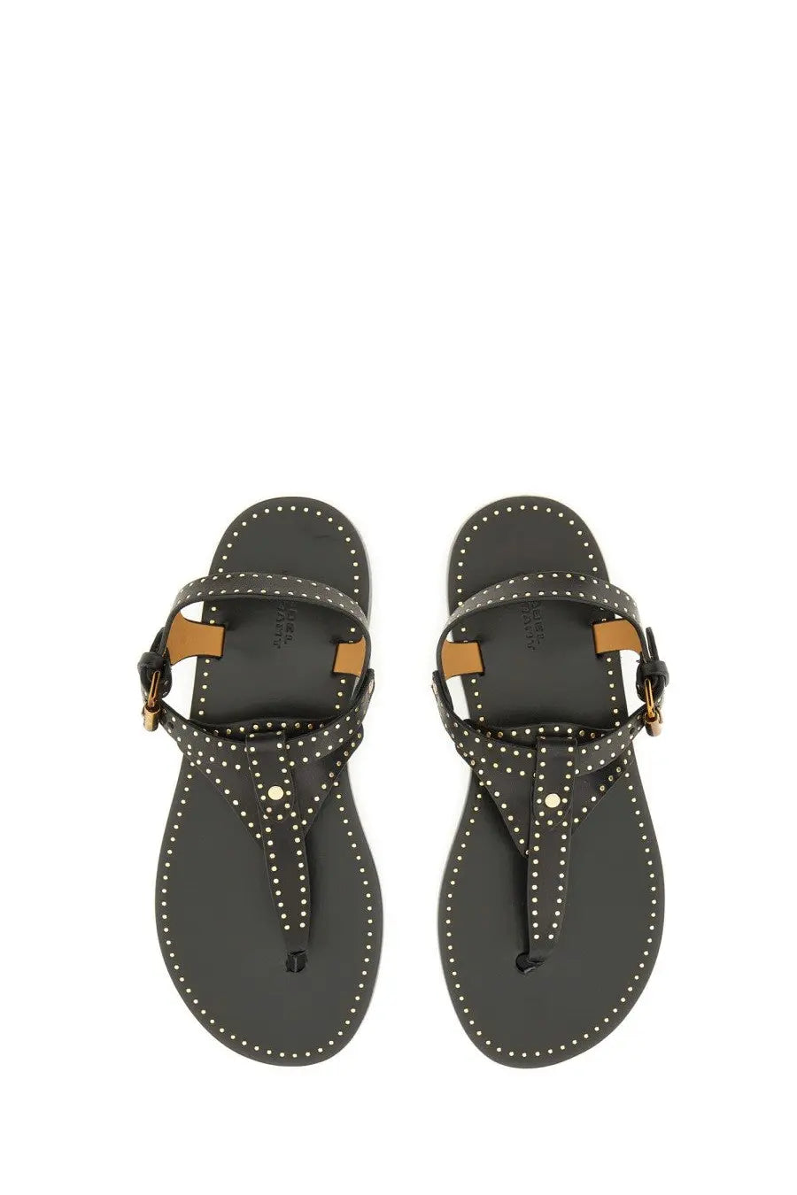 Isabel marant women’s black leather thong sandals with silver studs and tan accents for stylish casual wear