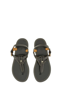 Isabel marant women’s black leather thong sandals with silver studs and tan accents for stylish casual wear