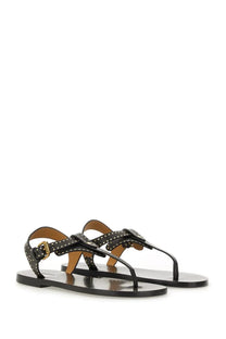 Isabel marant women’s black leather thong sandals with silver studs and gold-tone buckle front view