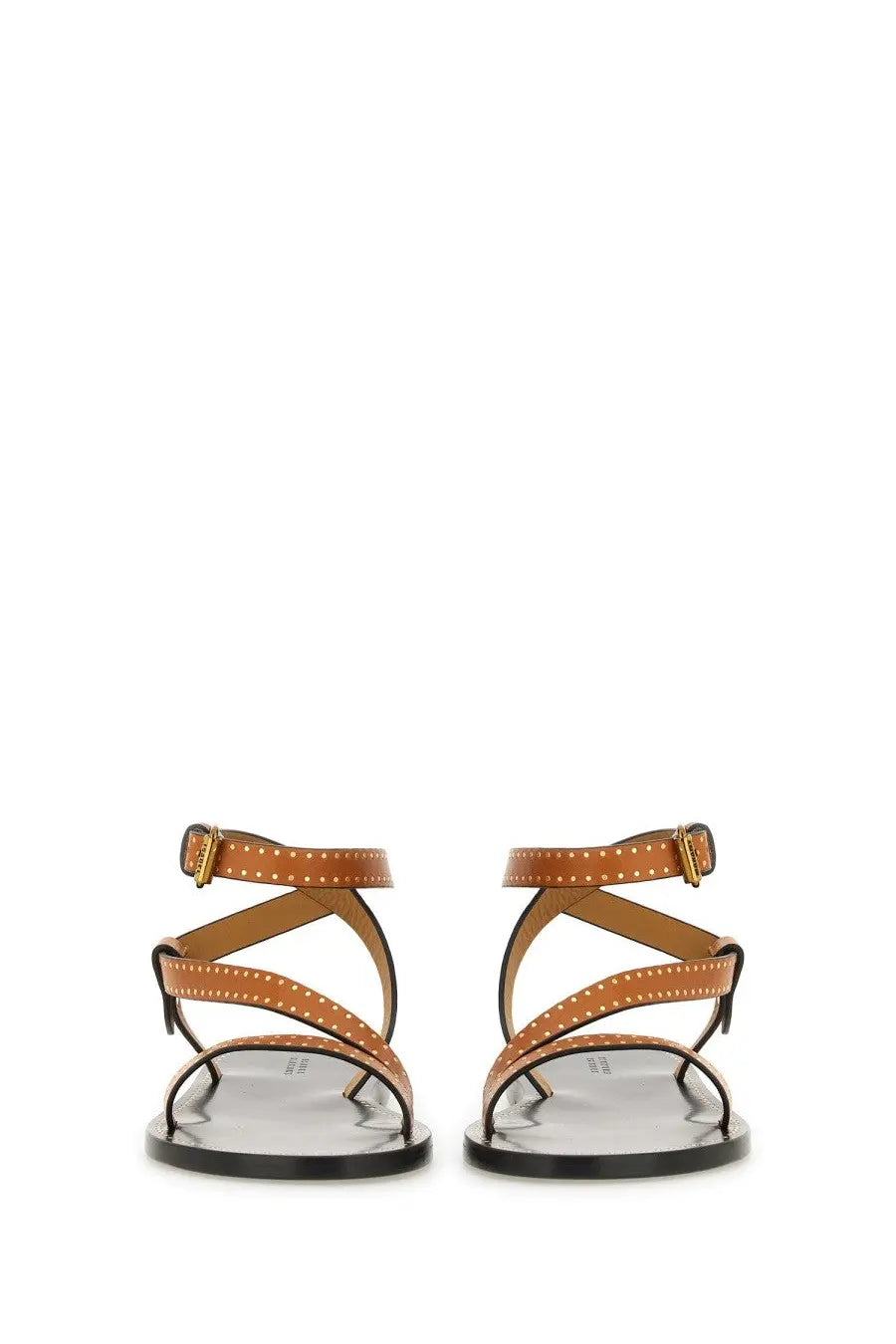 Isabel Marant women’s tan leather sandals with gold-tone studs and black rubber soles in brown jopee style