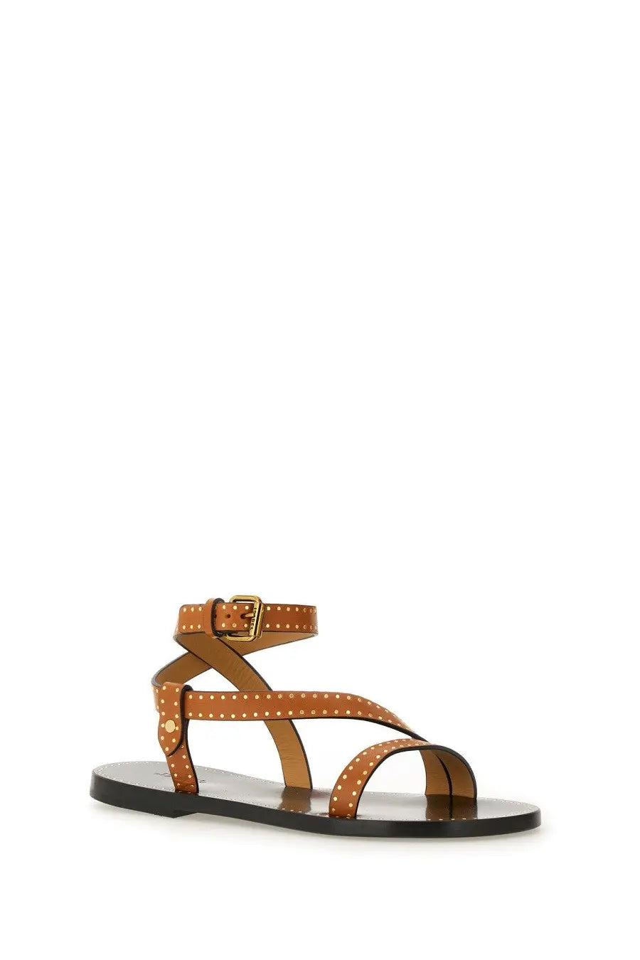 Isabel Marant women’s tan leather strappy sandal with gold-tone studs and buckle in brown Jopee color
