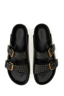 Isabel Marant women’s black leather sandal lennyo with birkenstock style gold-tone buckles and white stud detailing