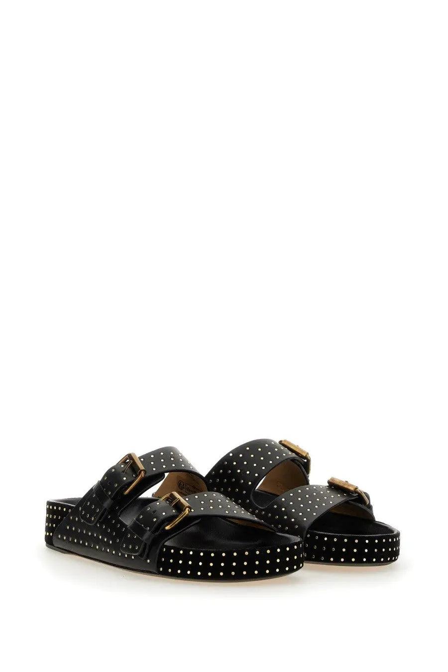 Isabel Marant women’s black leather sandals with white polka dots and gold-tone buckles visible from the back