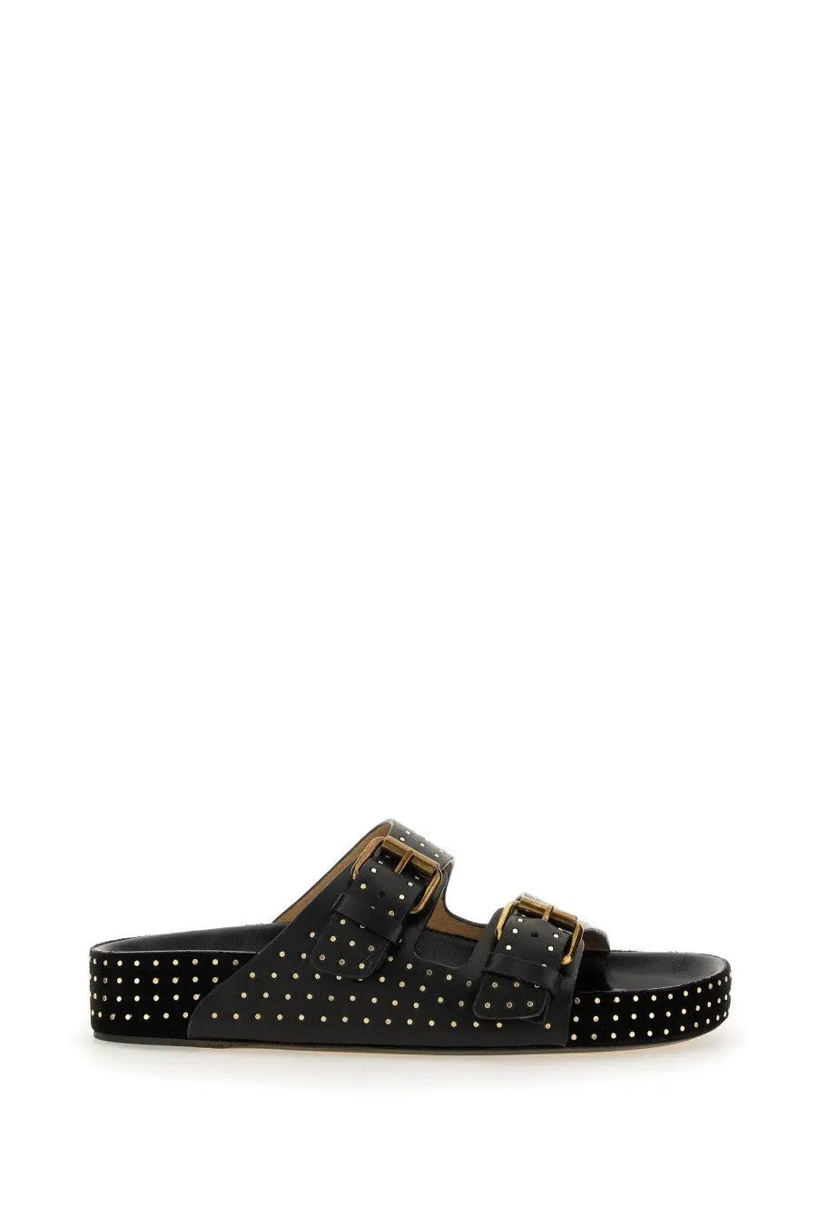 Isabel Marant women’s black leather slide sandal with double buckle straps and white stud detailing