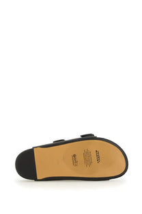 Isabel Marant women’s black leather slide sandal with tan insole and black rubber heel