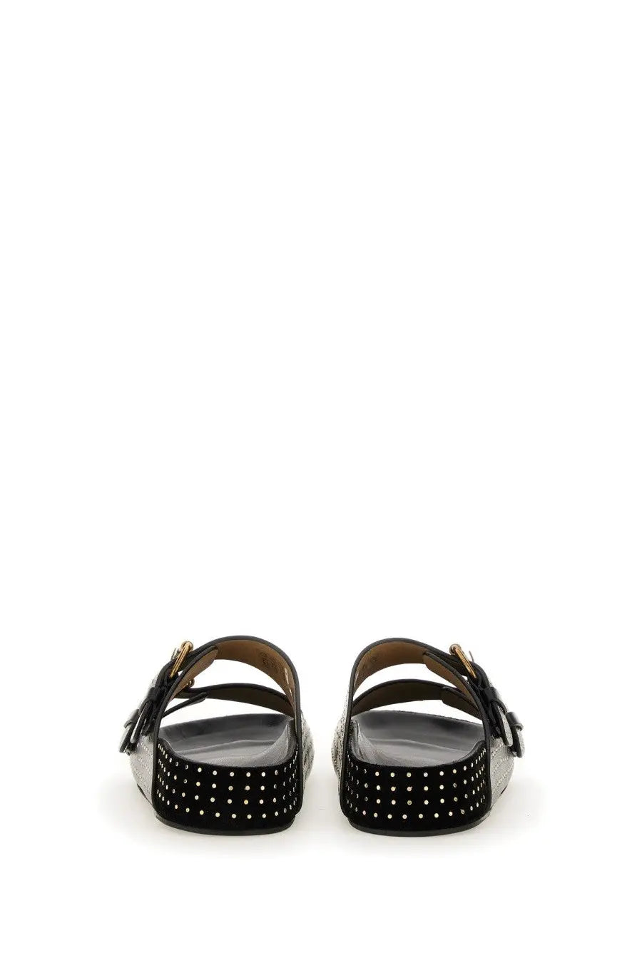 Isabel Marant women’s black platform sandals with textured upper silver studs and gold-tone buckle details