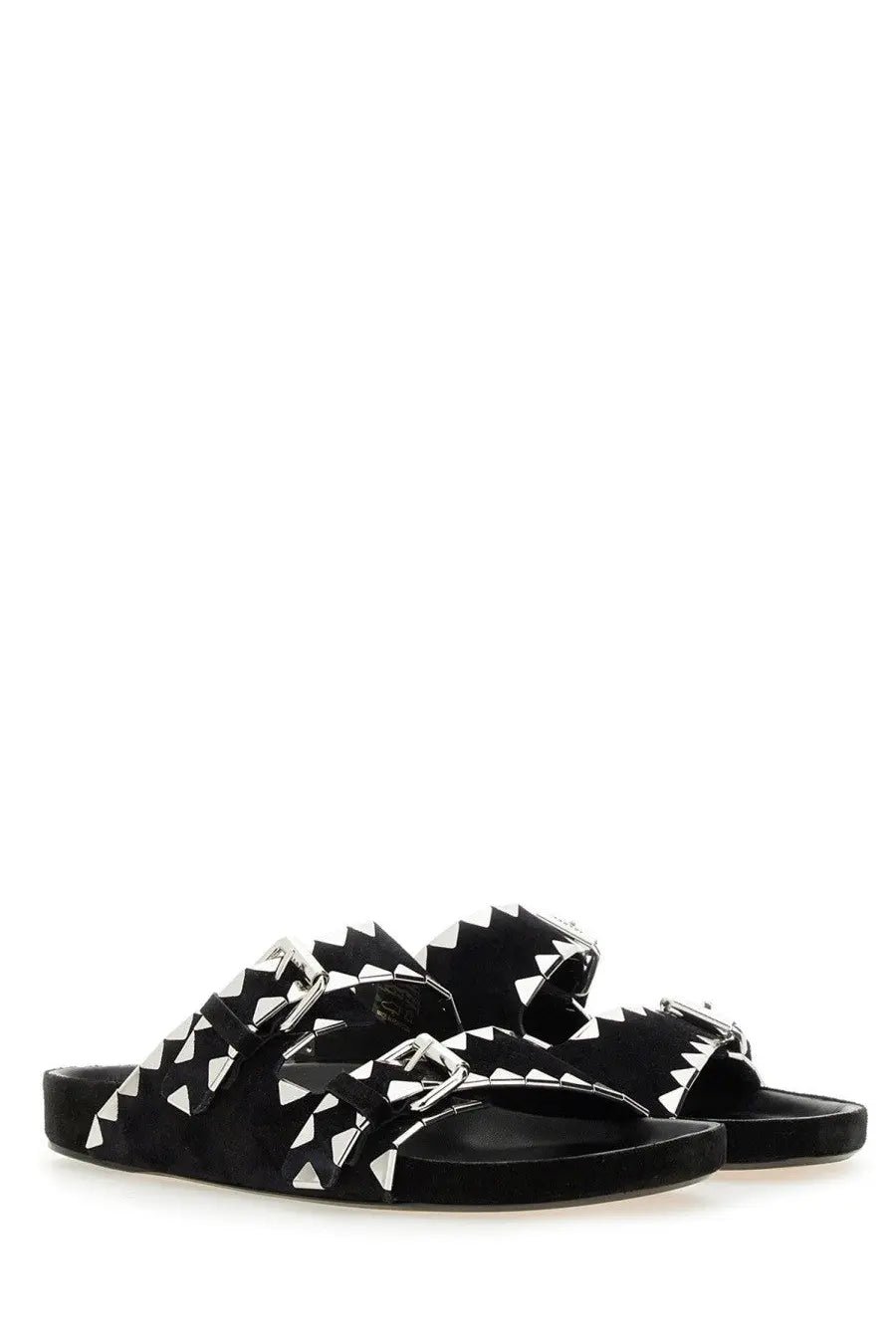 Isabel Marant women’s black suede slide sandals with silver triangular studs and buckle details