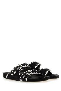 Isabel Marant women’s black suede slide sandals with silver triangular studs and buckle details