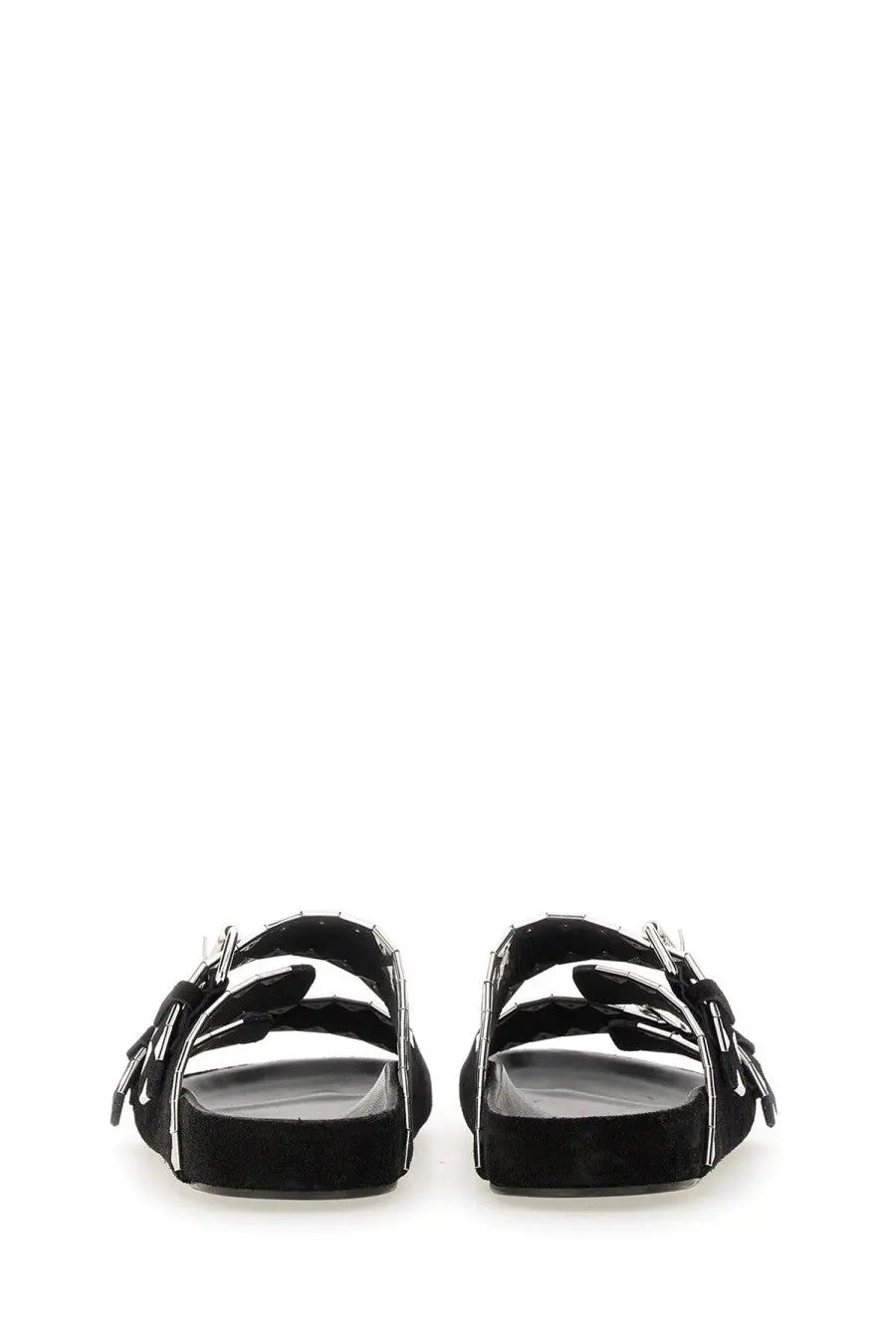 Isabel Marant women’s black suede slide sandals with silver-toned metal buckles and straps